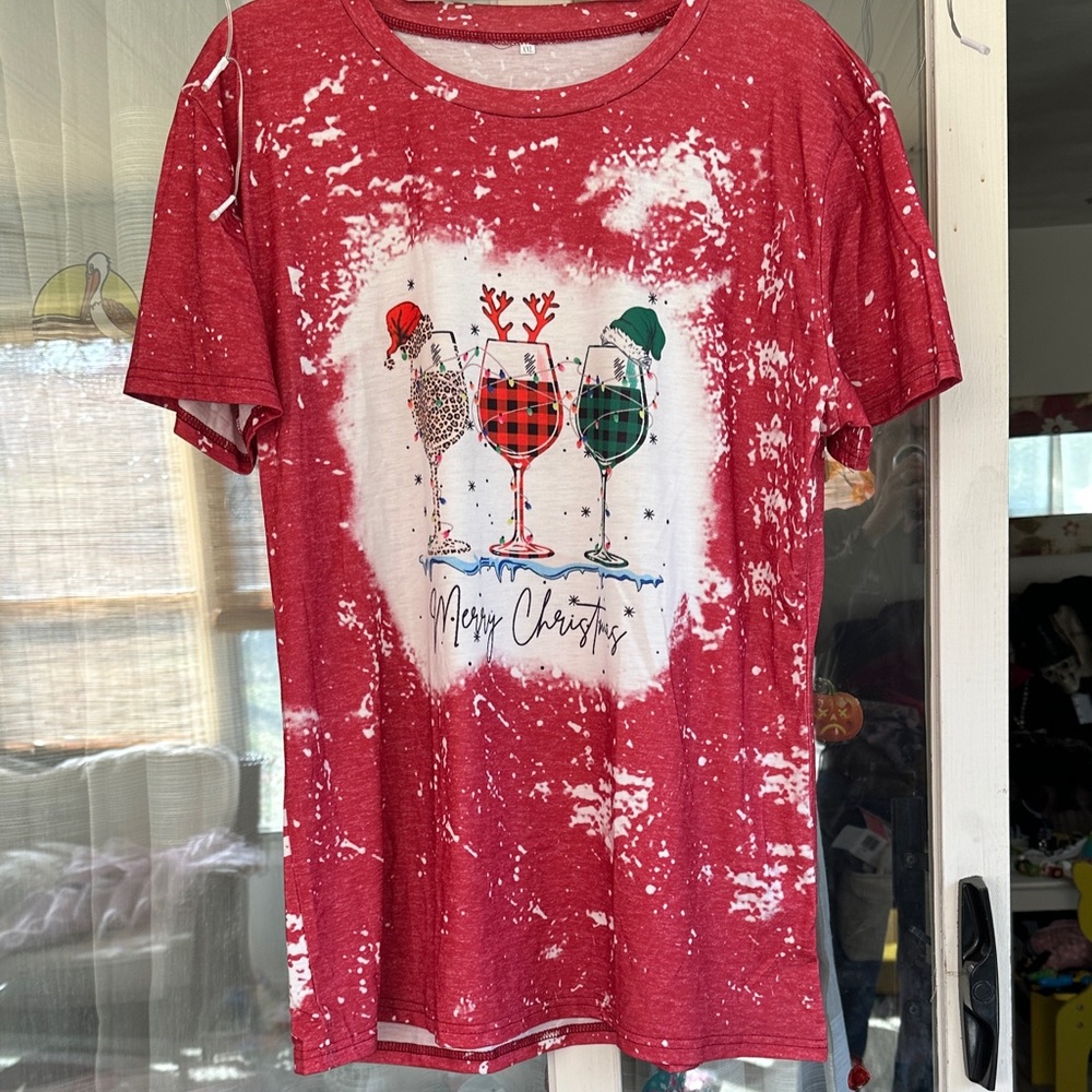 Red Christmas Graphic T-Shirt with wine glasses